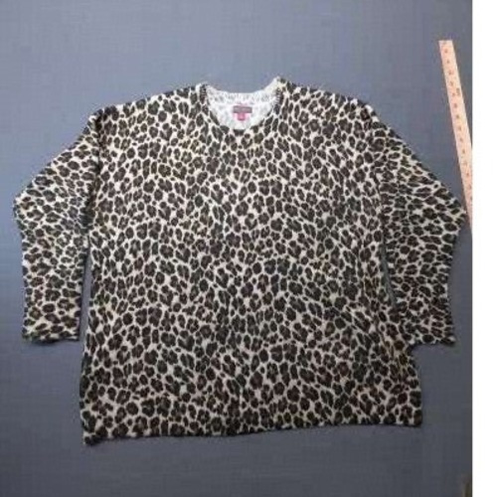 Vince Camuto Sweater Womens XL Brown Leopard Print Crew Neck Long Sleeve Knit‎